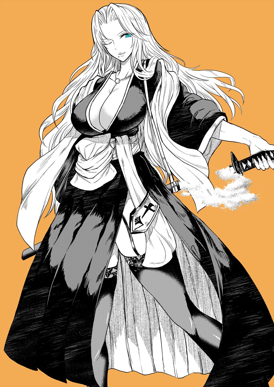 1girl bleach breasts highres kawabata_yoshihiro large_breasts long_hair matsumoto_rangiku orange_background shihakusho solo