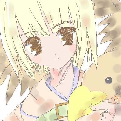 1girl :t animal beak bird blonde_hair brown_eyes espresso female_focus hunter hunter_(ragnarok_online) lowres oekaki ragnarok_online simple_background solo tsukamichi_fumi upper_body white_background