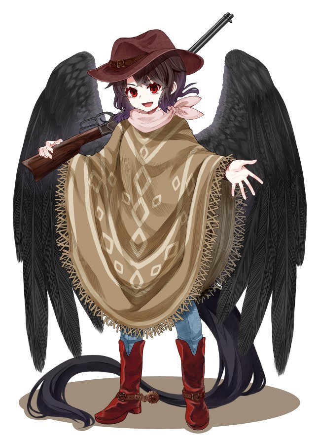 1girl black_hair black_wings blue_pants boots brown_boots brown_hat brown_poncho cow_girl cowboy_boots cowboy_hat denim gun hat jeans kurokoma_saki oversized_wings lever_action pants poncho red_eyes rifle solo touhou weapon white_background wings zetsumame