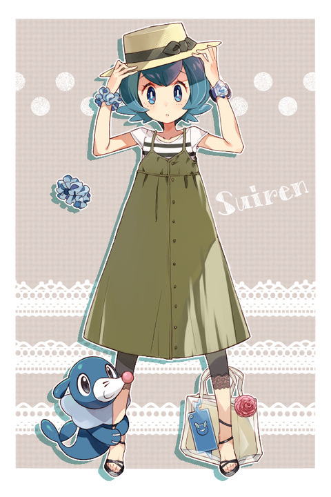 1girl alternate_costume arms_up bag black_footwear blue_eyes blue_hair character_name collarbone commentary_request dress eyelashes gen_4_pokemon gen_7_pokemon hands_on_headwear hat hugging_own_legs lana_(pokemon) looking_at_viewer nintendo no_sclera pokemon pokemon_(anime) pokemon_(creature) pokemon_on_leg pokemon_sm_(anime) popplio rotom rotom_phone sandals sasairebun scrunchie shirt short_hair short_sleeves striped_clothes striped_shirt wrist_scrunchie