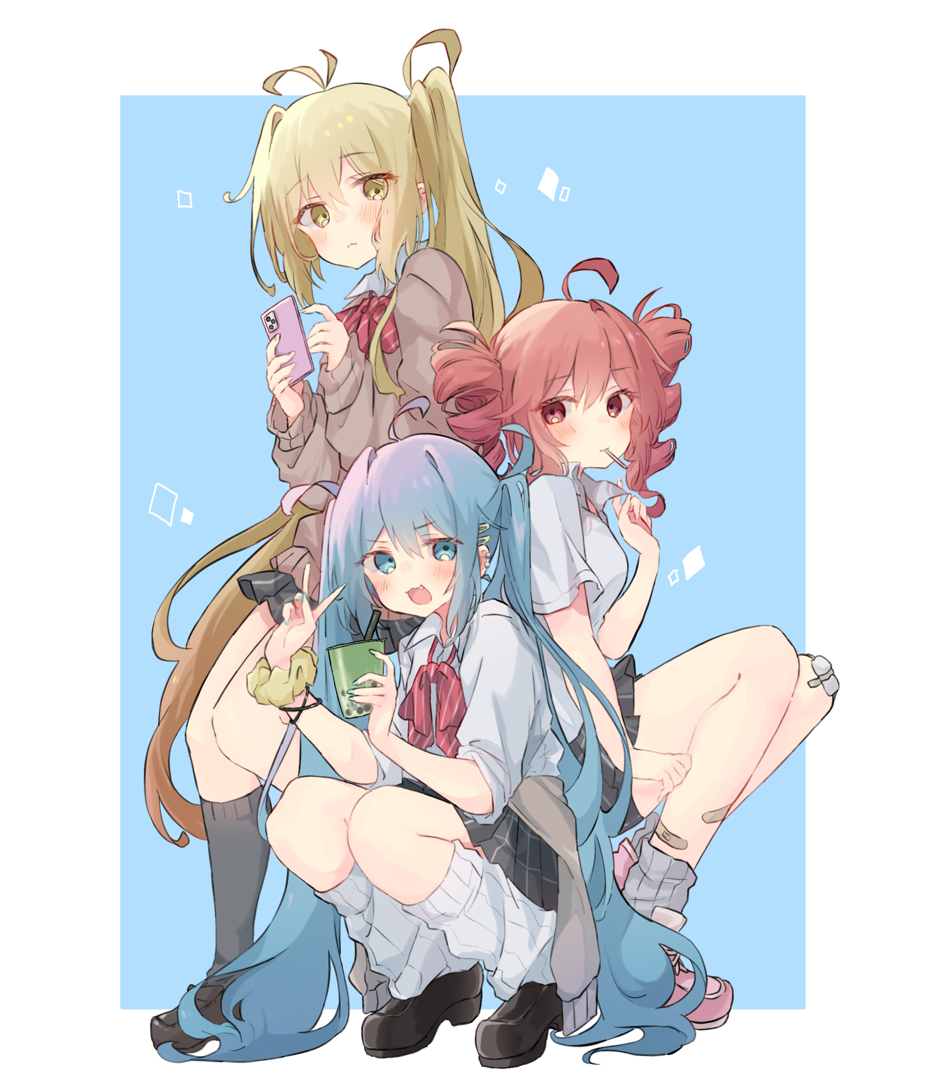 3girls :3 ahoge akita_neru antenna_hair aqua_eyes aqua_hair aqua_nails bandage_on_knee bike_shorts bike_shorts_under_skirt black_socks blonde_hair blue_background blush border borrowed_design bow brown_cardigan bubble_tea candy cardigan cardigan_around_waist cellphone clothes_around_waist collared_shirt commentary diagonal-striped_bow drill_hair ear_piercing fang flip_phone food full_body grey_socks gyaru hair_ornament hairclip hatsune_miku highres jewelry kasane_teto kneehighs kogal leg_warmers loafers lollipop long_hair looking_at_viewer loose_socks multiple_girls necktie nekonika_(e102k) open_mouth phone piercing red_eyes red_hair school_uniform scrunchie shirt shoes short_sleeves side_ponytail simple_background skirt sleeves_rolled_up sneakers socks squatting triple_baka_(vocaloid) triple_ryuunen twin_drills twintails utau v very_long_hair vocaloid white_border white_leg_warmers white_socks wrist_scrunchie yellow_eyes yellow_scrunchie