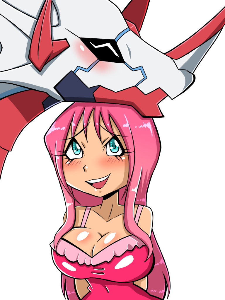 1girl blue_eyes blush breasts canoweissmon digimon digimon_(creature) digimon_ghost_game dragon pink_hair simple_background smile white_background