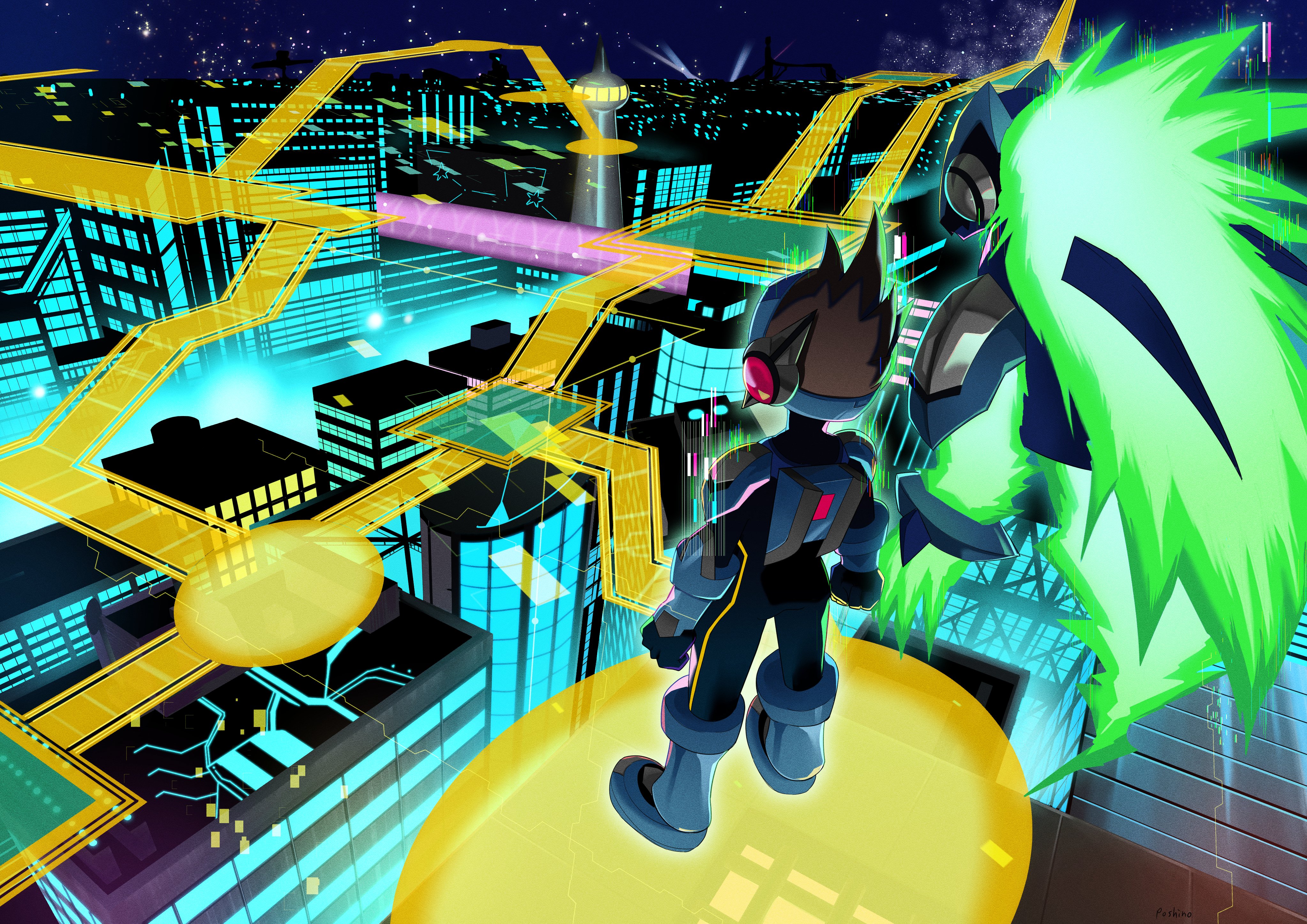 1boy absurdres brown_hair cityscape commentary_request floating from_behind geo_stelar_(mega_man) helmet highres male_focus mega_man_(series) mega_man_star_force_(series) mega_man_star_force_2 night omega-xis_(mega_man) outdoors poshino_pikari short_hair star_force_mega_man