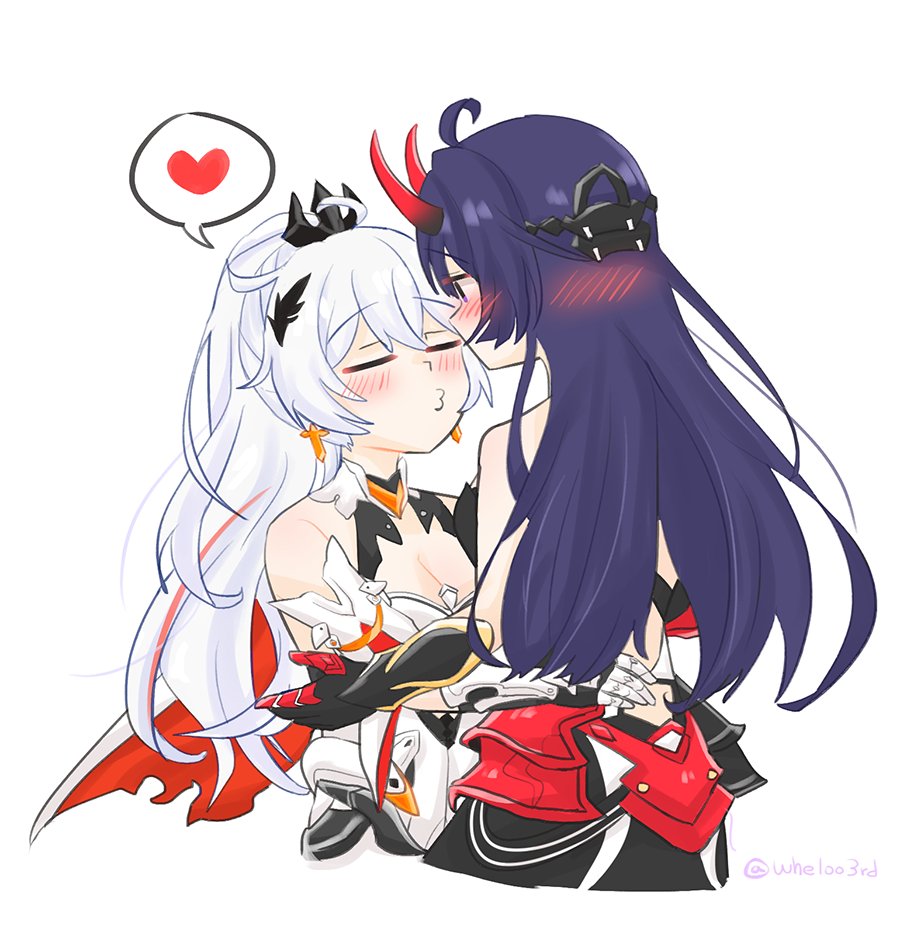 blush hair_ornament heart honkai_(series) horns imminent_kiss kiana_kaslana kiana_kaslana_(herrscher_of_flamescion) long_hair purple_hair raiden_mei raiden_mei_(herrscher_of_thunder) simple_background wheloo3rd white_background white_hair yuri