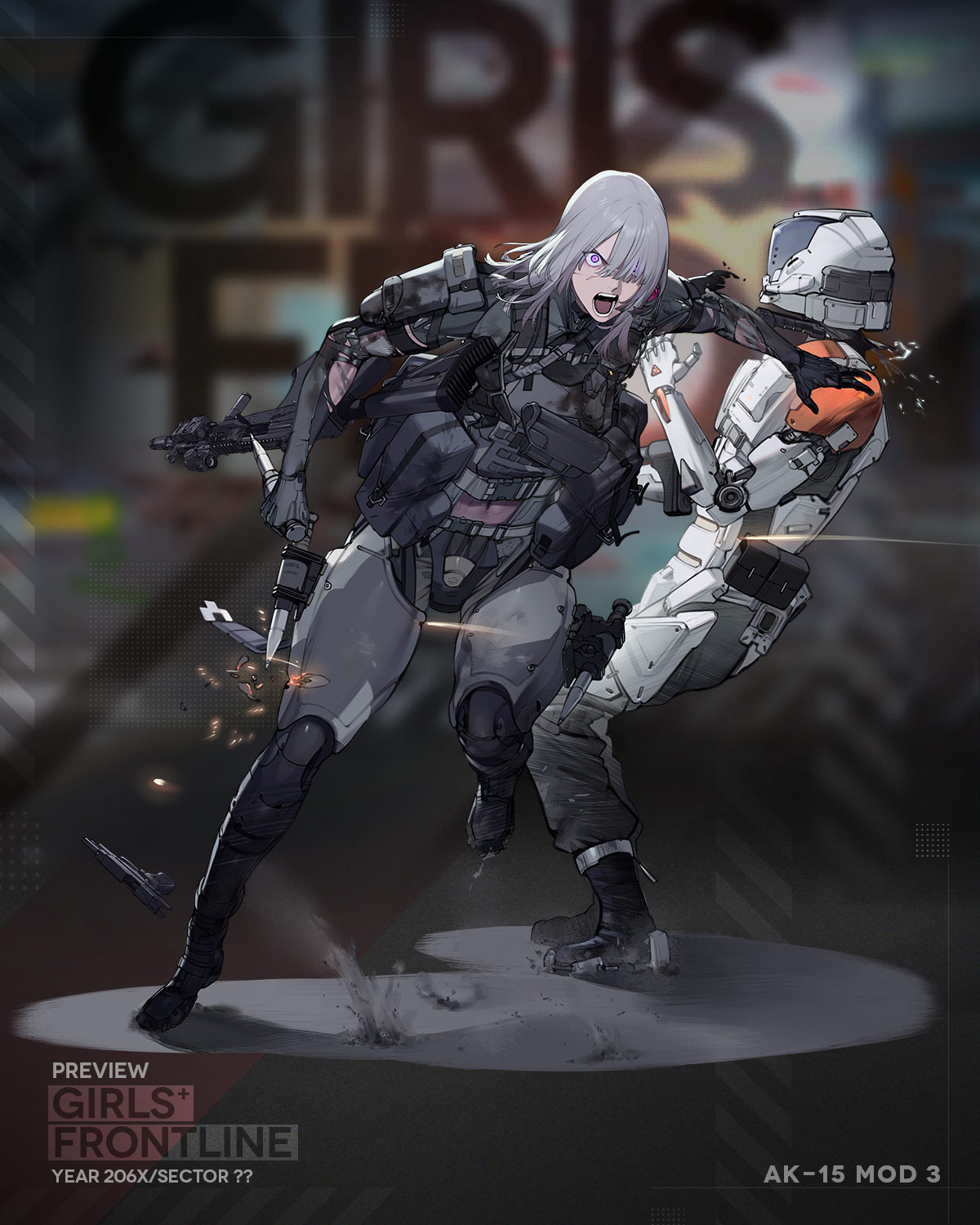 1girl ak-15 ak-15_(girls'_frontline) ak-15_(mod3)_(girls'_frontline) angry assault_rifle body_armor duoyuanjun girls'_frontline gloves grey_hair gun hair_over_one_eye handgun highres holding holding_weapon holster kalashnikov_rifle long_hair mask midriff mod3_(girls'_frontline) molle_vest mouth_mask mp-443_grach navel open_mouth paradeus pouch purple_eyes rifle running standing tactical_clothes weapon
