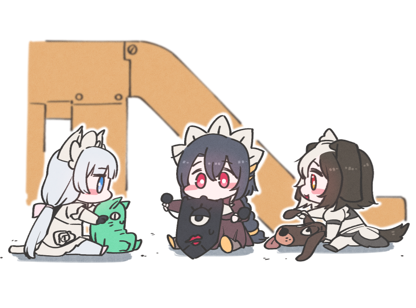 3girls aged_down animal_ears black_hair black_wyrm_(last_origin) blue_eyes blush_stickers braid braided_ponytail brown_hair cat_ears cat_girl cat_tail chibi dog_ears dog_girl dog_tail hachiko_of_castling last_origin low_twintails maid maid_headdress mogijabgo multiple_girls orange_eyes perrault_(last_origin) playground playing red_eyes shield simple_background sitting skirt slide stuffed_toy sweatdrop tail twintails white_hair