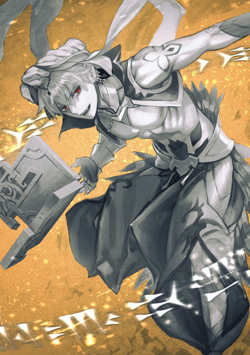 1boy arabian_clothes blonde_hair cropped_vest cuneiform earrings fate/grand_order fate_(series) gauntlets gilgamesh gilgamesh_(caster)_(fate) gilgamesh_(fate) greyscale_with_colored_background jewelry light_particles male_focus muscular muscular_male na222222 open_mouth partially_colored red_eyes serratus_anterior short_hair single_gauntlet smile spell stone_tablet tattoo turban vest