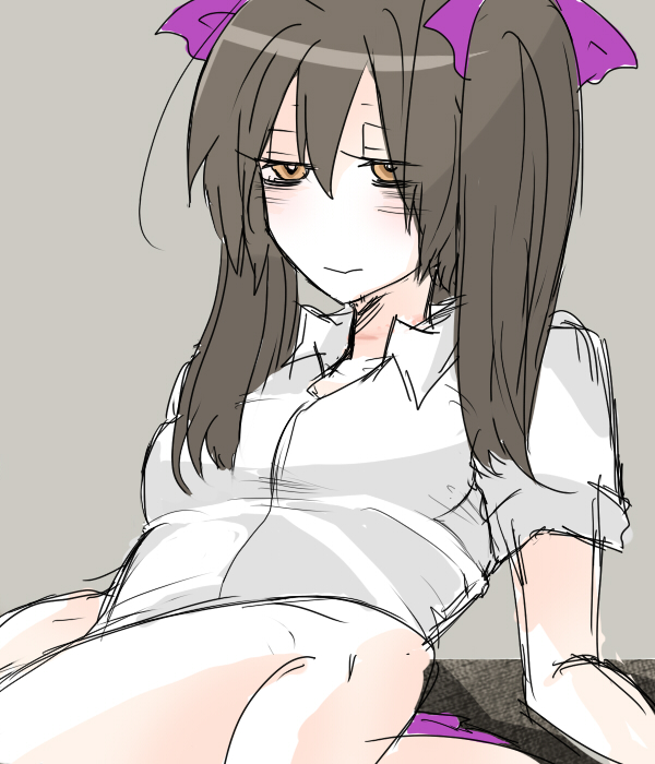 1girl black_hair blush brown_eyes female_focus grey_background hata-tan_(rui_(hershe)) himekaidou_hatate legs rui_(hershe) shirt sitting solo touhou