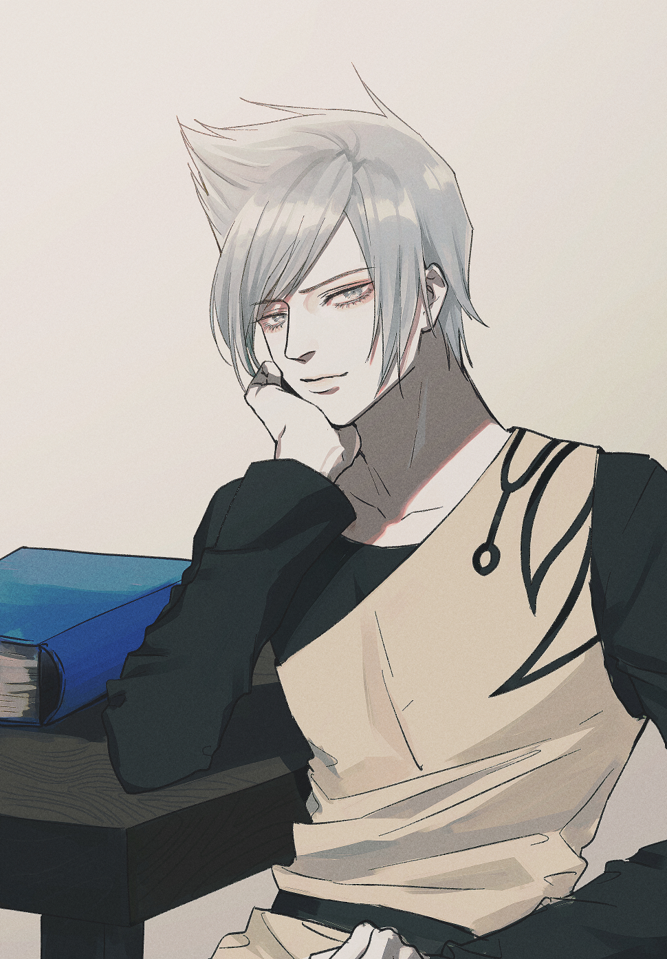 1boy black_shirt book closed_mouth collarbone commission eyelashes grey_background grey_eyes grey_hair hand_on_own_face highres kurosujuu long_sleeves looking_at_viewer male_focus original shirt short_hair sitting skeb_commission solo table upper_body