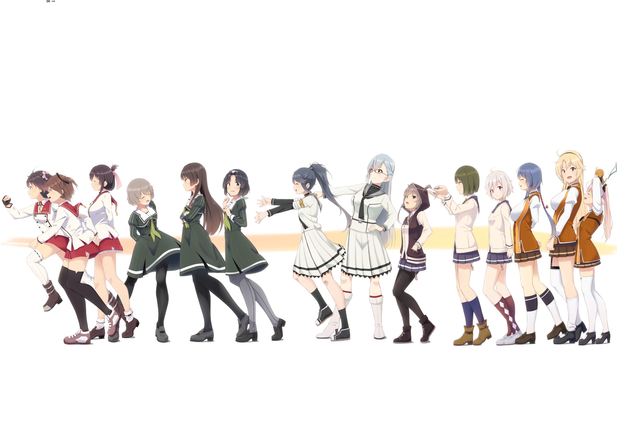 6+girls ahoge arms_behind_back asakura_mihono asymmetrical_legwear ayanokouji_martial_arts_school_uniform ban_tsugumi black_gloves black_hair black_hairband black_neckerchief black_pantyhose black_shoes black_socks blonde_hair blue_eyes bob_cut boots breasts brown_hair brown_shoes brown_skirt brown_socks closed_eyes closed_mouth collared_shirt commentary_request creature crossed_arms dress etou_kanami facing_another fingerless_gloves folded_ponytail from_side glasses gloves green_dress green_hair green_neckerchief grey_hair grey_jacket grey_pantyhose grey_sailor_collar grey_shoes hair_between_eyes hair_through_hood hairband hand_on_another's_shoulder hands_in_pockets heijou_institute_school_uniform high_heels highres hood hood_up hooded_jacket imminent_hug itomi_sayaka iwakura_sanae jacket juujou_hiyori kitora_mirja kneehighs kohagura_ellen large_breasts loafers long_hair long_skirt long_sleeves looking_at_another mashiko_kaoru medium_breasts medium_hair miniskirt minoseki_gakuin_uniform motsutoko multiple_girls musumi_kiyoka neck_ribbon neckerchief nene_(toji_no_miko) open_mouth orange_jacket orange_ribbon osafune_girls_academy_school_uniform pantyhose parted_bangs pink_hair playing_with_another's_hair pleated_skirt ponytail purple_eyes purple_jacket purple_skirt purple_socks red_sailor_collar red_skirt renpu_girls_school_uniform ribbon sailor_collar school_uniform setouchi_chie shichinosato_kofuki shirt shoes short_hair sidelocks simple_background skirt sleeve_cuffs small_breasts smile socks standing thighhighs toji_no_miko twintails uneven_legwear walking white_boots white_sailor_collar white_shirt white_skirt white_socks white_thighhighs winter_uniform yamashiro_yui yanase_mai