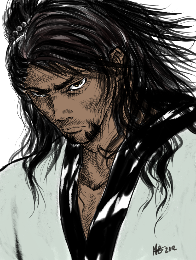 1boy black_eyes black_hair dark_skin dark-skinned_male facial_hair japanese_clothes kaburagi_t._kotetsu long_hair male_focus mine-ko parody side_ponytail signature solo stubble style_parody tiger_&amp;_bunny vagabond