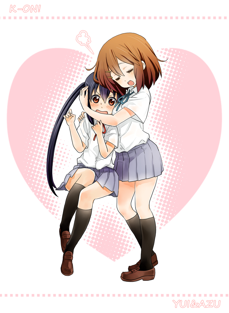 2girls black_eyes black_hair brown_eyes brown_hair closed_eyes copyright_name hirasawa_yui hug k-on! kneehighs long_hair minimaru multiple_girls nakano_azusa school_uniform serafuku short_hair socks swimsuit twintails