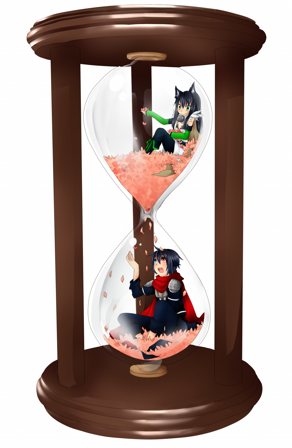 1boy 1girl alchemist_(ragnarok_online) alternate_color animal_ears armor assassin_cross_(ragnarok_online) black_hair black_pants black_pantyhose black_shirt blue_eyes blush brown_cape cape cat_ears cat_girl cherry_blossoms closed_mouth commentary_request detached_sleeves dress full_body fur_collar green_eyes green_sleeves heterochromia highres hourglass in_hourglass long_hair looking_at_another meiko_(nattu303) open_mouth pants pantyhose pauldrons ragnarok_online red_eyes red_scarf scarf shirt short_hair shoulder_armor simple_background smile white_background white_dress