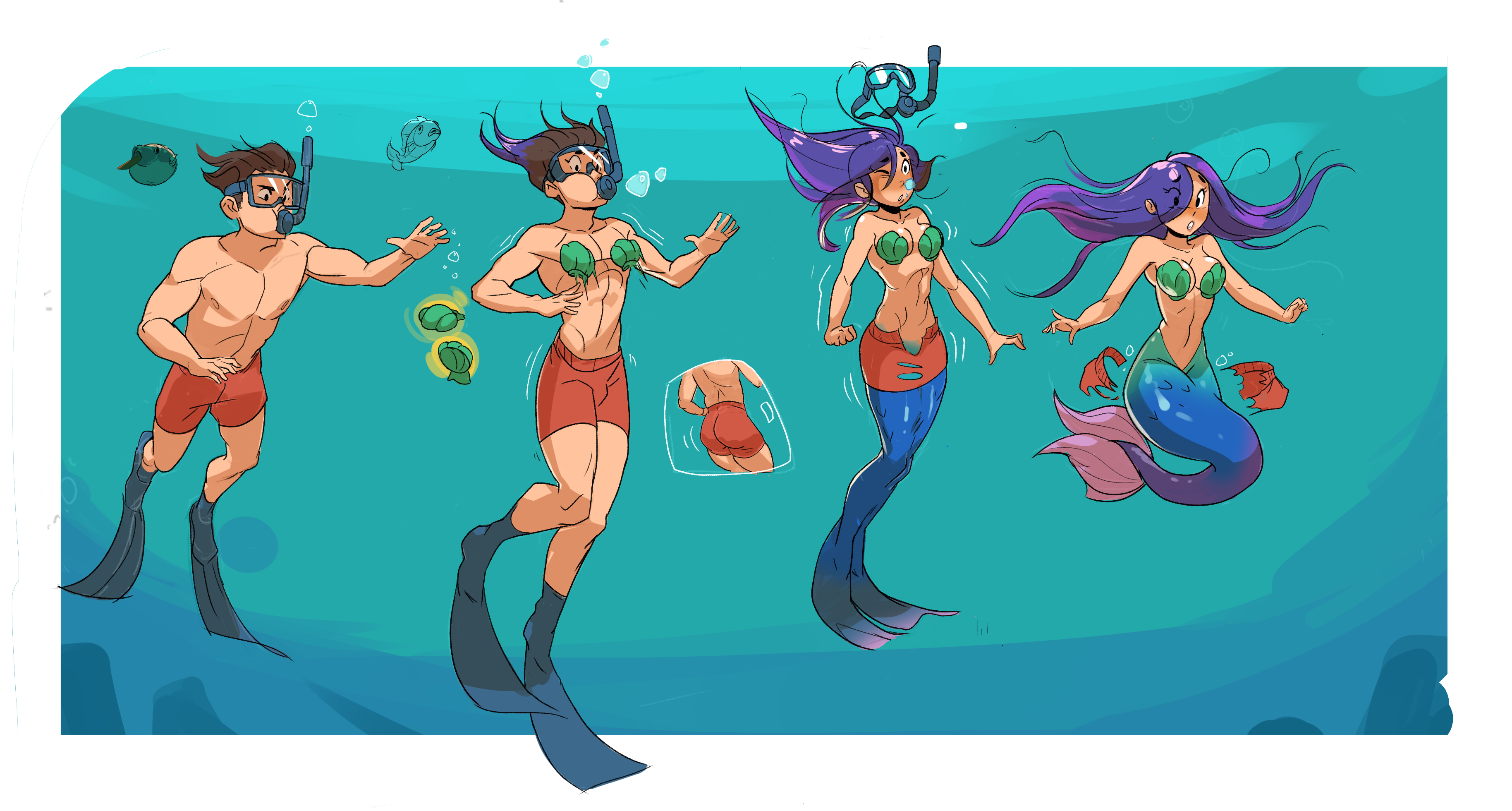 1boy 1girl absurdres air_bubble brown_hair bubble diving fish flippers genderswap genderswap_(mtf) goggles highres male_swimwear mermaid monster_girl monsterification open_mouth original puffer_fish purple_hair sequential shell shell_bikini snorkel snorkel_in_mouth snorkel_mask surprised swim_trunks swimming swimsuit topless_male transformation underwater zrav7853