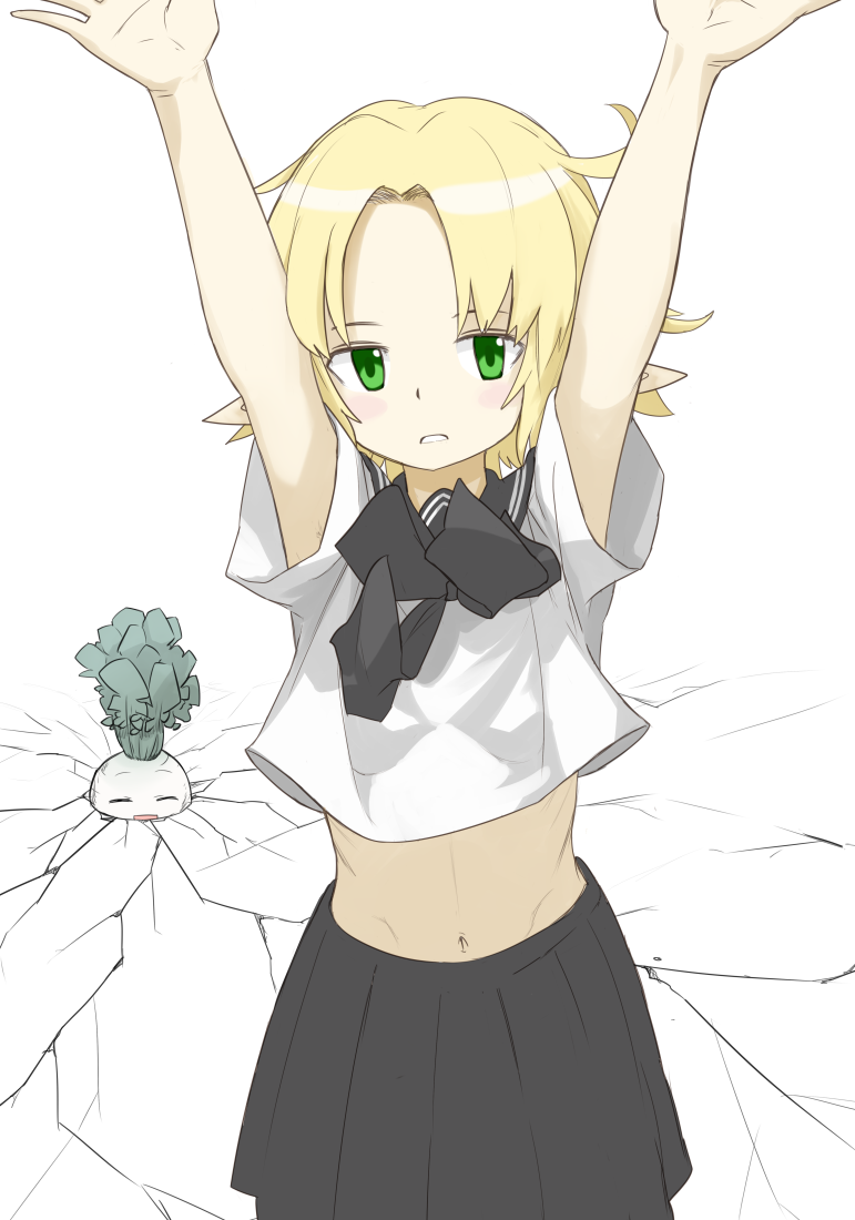 1girl alternate_costume arms_up black_neckwear black_skirt blonde_hair blush commentary_request cookie_(touhou) cowboy_shot daikon ground_shatter joker_(cookie) looking_at_viewer midriff miyako_(naotsugu) mizuhashi_parsee navel parted_bangs parted_lips pointy_ears radish reu_daikon school_uniform serafuku shirt short_hair skirt touhou white_background white_shirt