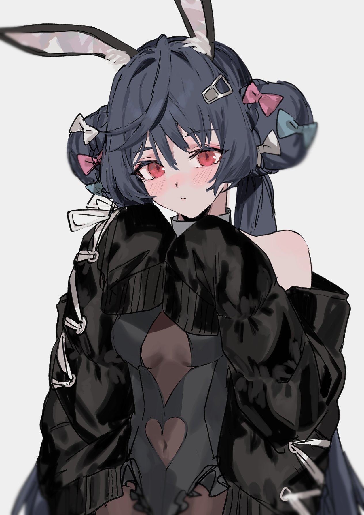 1girl allen_m._sumner_(azur_lane) allen_m._sumner_(charming_rabbit)_(azur_lane) animal_ears aogisa azur_lane black_jacket black_leotard blue_hair blue_ribbon breasts clothing_cutout fake_animal_ears frilled_leotard frills hair_bun hair_ribbon hands_up heart_cutout highres jacket leotard medium_breasts official_alternate_costume pink_ribbon playboy_bunny rabbit_ears red_eyes ribbon simple_background sleeves_past_fingers sleeves_past_wrists solo upper_body white_background white_ribbon