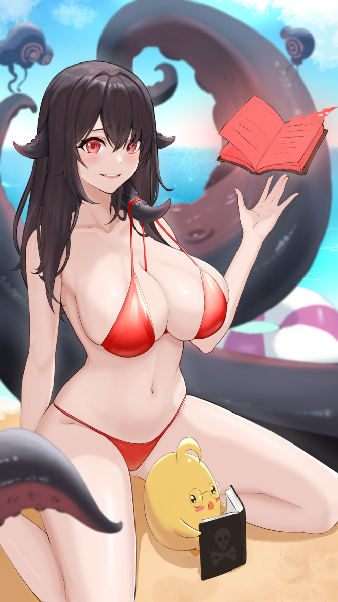 1girl azur_lane bikini black_hair blush book breasts cleavage collarbone glasses hand_up innertube kneeling large_breasts long_hair looking_at_viewer manjuu_(azur_lane) navel official_alternate_costume outdoors parted_lips red_bikini red_eyes royal_fortune_(azur_lane) royal_fortune_(eyes_on_the_prize)_(azur_lane) sideboob smile stomach swim_ring swimsuit tentacle_hair tentacles thighs vik_(xypt7474) water