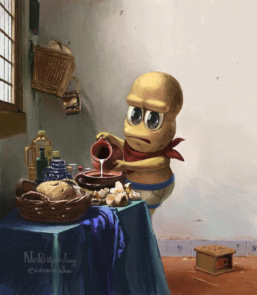 1boy bandana bandana_around_neck basket bottle bread briefs colored_skin commentary_request cooking_oil eye_reflection fine_art_parody food full_body grey_eyes holding_jug indoors jug_(bottle) looking_at_object looking_down male_focus male_underwear milk mode_aim parody parted_lips peanuts-kun pouring red_bandana reflection solo sutaneko table tablecloth the_milkmaid twitter_username underwear underwear_only virtual_youtuber watermark window yellow_skin