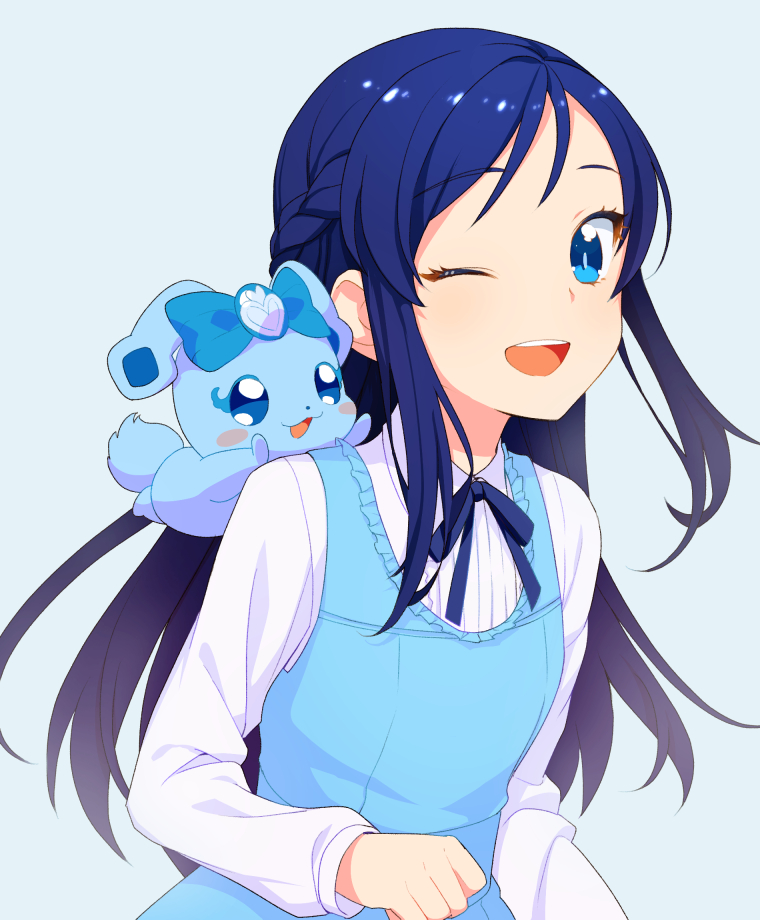 1girl :d blue_background blue_dress blue_eyes blue_hair blue_ribbon blue_theme blush braid dokidoki!_precure dress eyelashes female_focus happy hishikawa_rikka kurochiroko long_hair looking_at_viewer one_eye_closed open_mouth precure rakeru_(dokidoki!_precure) ribbon shirt simple_background single_braid smile solo white_shirt