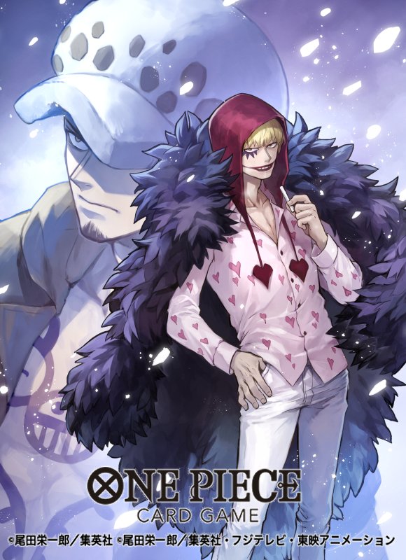 2boys black_hair blonde_hair chest_tattoo cigarette closed_mouth commentary_request copyright_name donquixote_rocinante facial_hair feather_cape goatee hat heart heart_print holding holding_cigarette hood looking_at_viewer male_focus multiple_boys official_art one_piece one_piece_card_game pants pink_hood pink_shirt shirt smile snowing tattoo trafalgar_law uroko_(mnr) white_pants