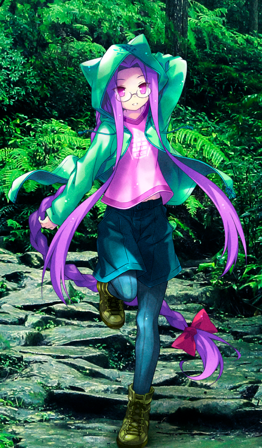 1girl animal_hood arm_at_side arm_behind_head black_(artist) blue_pantyhose blue_shorts boots bow braid breasts cat_hood commentary curtained_hair drawstring fate/grand_order fate_(series) fern floating_clothes full_body glasses green_background green_boots green_hood green_jacket hair_bow hood hood_up hooded_jacket jacket leg_up long_hair long_sidelocks long_sleeves looking_at_viewer medusa_(fate) medusa_(lancer)_(fate) medusa_(rider)_(fate) medusa_(under_the_same_sky)_(fate) midriff_peek nature official_art open_clothes open_jacket outdoors pantyhose parted_lips photo_background pink_shirt plant purple_eyes purple_hair red_bow rider round_eyewear shirt shorts single_braid small_breasts smile solo standing standing_on_one_leg teeth third-party_source tree v-neck very_long_hair very_long_sidelocks
