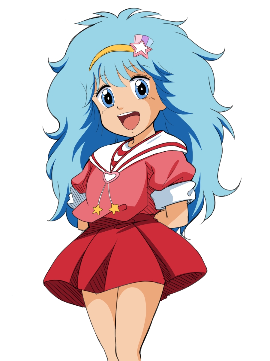 1girl :d arms_behind_back blue_eyes blue_hair female_focus hairband highres long_hair looking_at_viewer mahou_no_yousei_persia matching_hair/eyes open_mouth persia persia_(mahou_no_yousei_persia) red_skirt sagamimok short_sleeves simple_background skirt sleeve_cuffs smile solo standing very_long_hair white_background