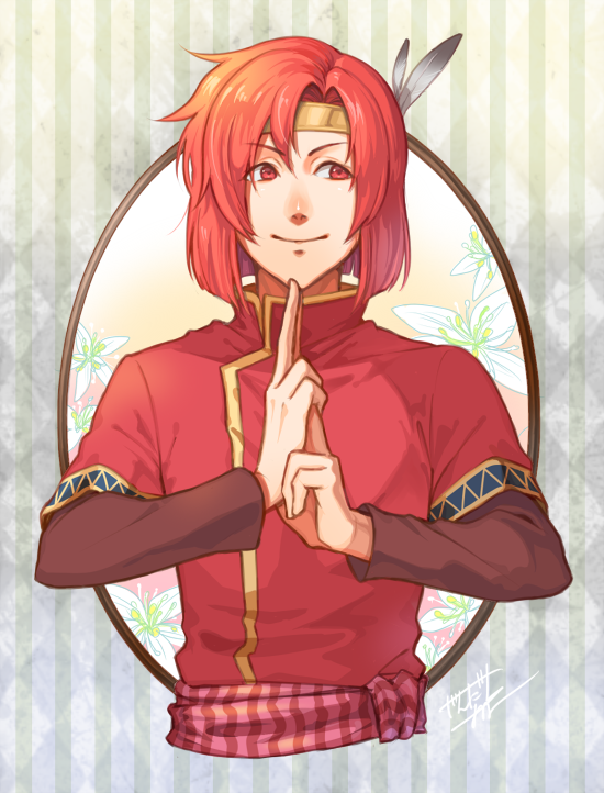1boy artist_name feathers fire_emblem fire_emblem:_mystery_of_the_emblem flower headband jandara_rin male_focus nintendo red_eyes red_hair solo xane_(fire_emblem)