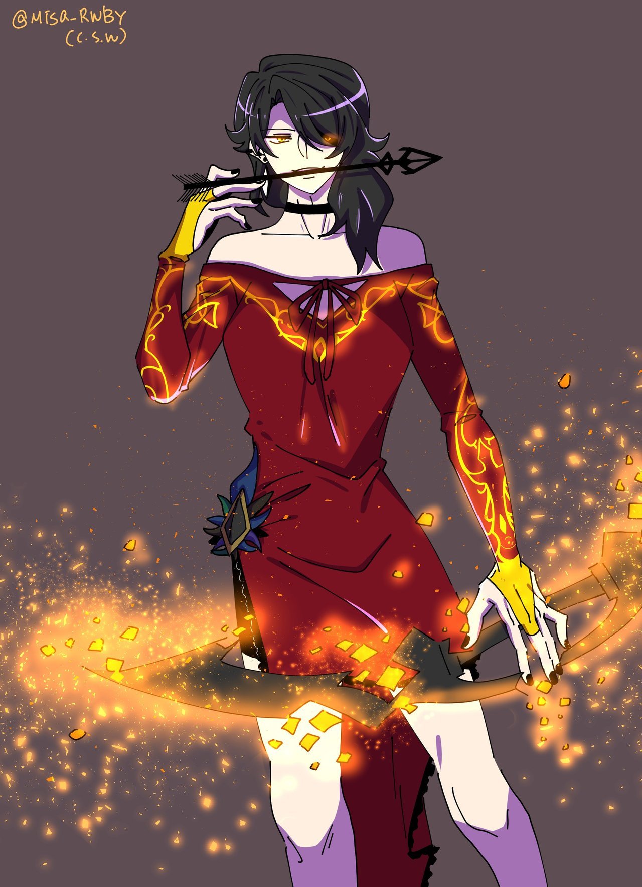 1girl bare_shoulders black_hair black_nails choker cinder_fall dress fire hair_over_one_eye highres long_hair looking_at_viewer misanim red_dress rwby simple_background solo twitter_username upper_body weapon_in_mouth yellow_eyes