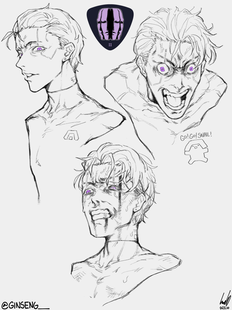 1boy angry armored_core armored_core_vi:_fires_of_rubicon blood blood_from_mouth blood_on_face bulging_eyes character_logo clenched_teeth commentary covered_collarbone covered_pectorals cropped_torso earrings english_commentary english_text facial_mark ginseng_(xin) jewelry looking_at_viewer loose_hair_strand male_focus messy_hair multiple_views open_mouth pectorals purple_eyes screaming short_hair spot_color sweat teeth toned toned_male twitter_username v.ii_snail veins