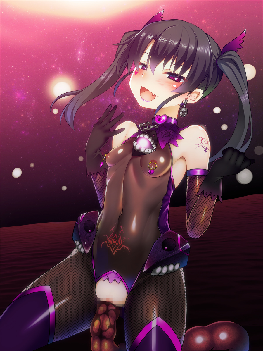 1girl alternate_eye_color arm_tattoo bare_shoulders black_hair blush breasts captive_bead_ring censored choker corruption covered_erect_nipples covered_navel crotchless crotchless_leotard dark_persona detached_sleeves earrings elbow_gloves fang fishnet_pantyhose fishnets gloves heart heart-shaped_lock heart-shaped_pupils heart_tattoo highres jewelry kantai_collection leotard mosaic_censoring nipple_jewelry nipple_piercing nipple_rings non-pubic_inmon okuri_banto pantyhose piercing purple_choker purple_eyes see-through_clothes see-through_leotard small_breasts solo symbol-shaped_pupils tattoo thighhighs zuikaku_(kancolle)