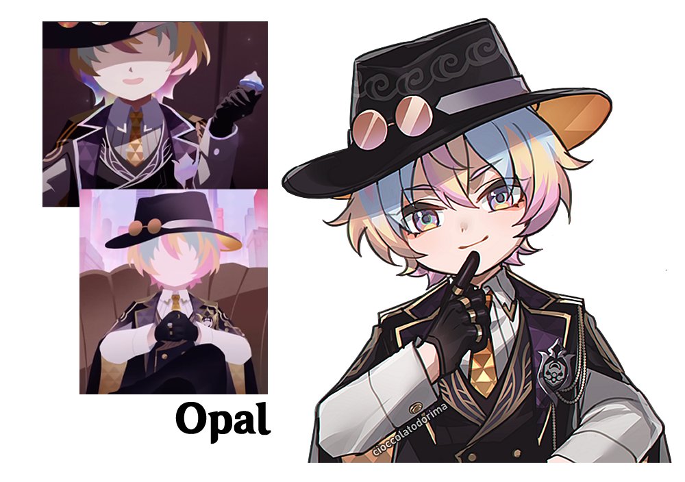 1boy artist_name child cioccolatodorima closed_mouth finger_to_mouth formal_clothes hand_up head_tilt honkai:_star_rail honkai_(series) male_focus multicolored_eyes multicolored_hair official_art_inset opal_(honkai:_star_rail) opal_(stoneheart&#039;s_oath_ring)_(honkai:_star_rail) simple_background smile solo upper_body white_background