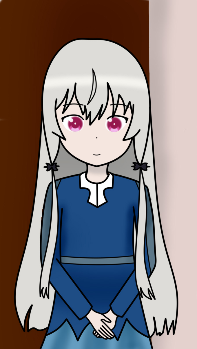 1girl blue_dress chittatos commentary dress english_commentary hair_between_eyes hairband highres long_hair purple_eyes self-upload smile solo sophie_twilight tonari_no_kyuuketsuki-san vampire