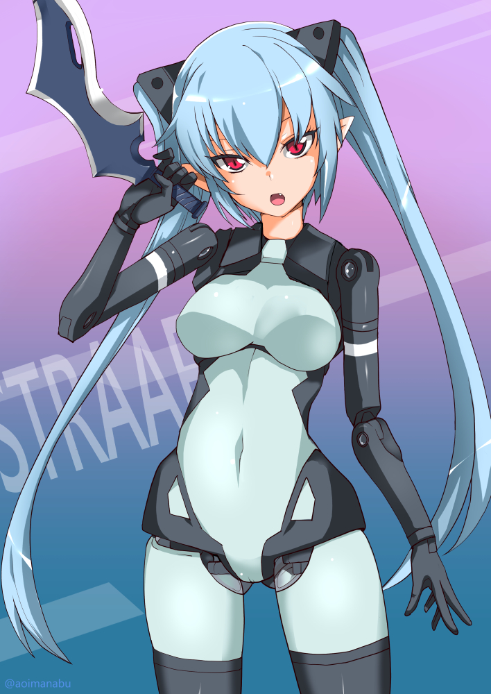 1girl aoi_manabu black_gloves black_thighhighs blue_hair bodysuit breasts busou_shinki character_name covered_navel cowboy_shot doll_joints fang gloves hair_between_eyes holding holding_sword holding_weapon joints long_hair looking_at_viewer medium_breasts open_mouth pointy_ears red_eyes sidelocks solo standing strarf sword thighhighs twintails weapon