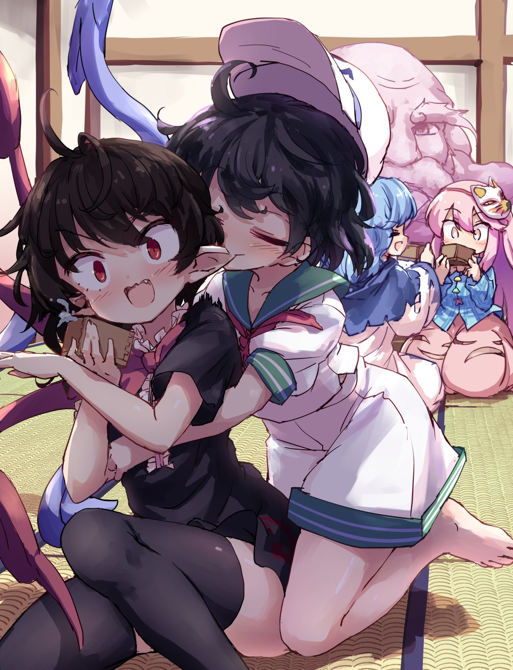 1boy 4girls asymmetrical_wings biting black_dress black_hair black_thighhighs blue_hair blue_shirt blue_wings bow bowtie closed_eyes dress biting_ear fang fox_mask hat hata_no_kokoro highres houjuu_nue indoors isu_(is88) kumoi_ichirin long_hair mask mask_on_head multiple_girls murasa_minamitsu open_mouth pink_hair pink_skirt pointy_ears red_bow red_bowtie red_eyes red_wings sailor_hat shirt short_hair shorts skirt thighhighs touhou unzan white_dress white_headwear white_shirt white_shorts wings