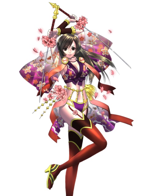 1girl arms_up artist_request black_hair bracer breasts capcom cleavage dual_wielding female_focus floral_print high_heels holding japanese_clothes large_breasts long_hair mochizuki_chiyome mochizuki_chiyome_(sengoku_saga) official_art onimusha onimusha_soul petals scarf sengoku_saga shoes smile solo sword thighhighs weapon wide_sleeves