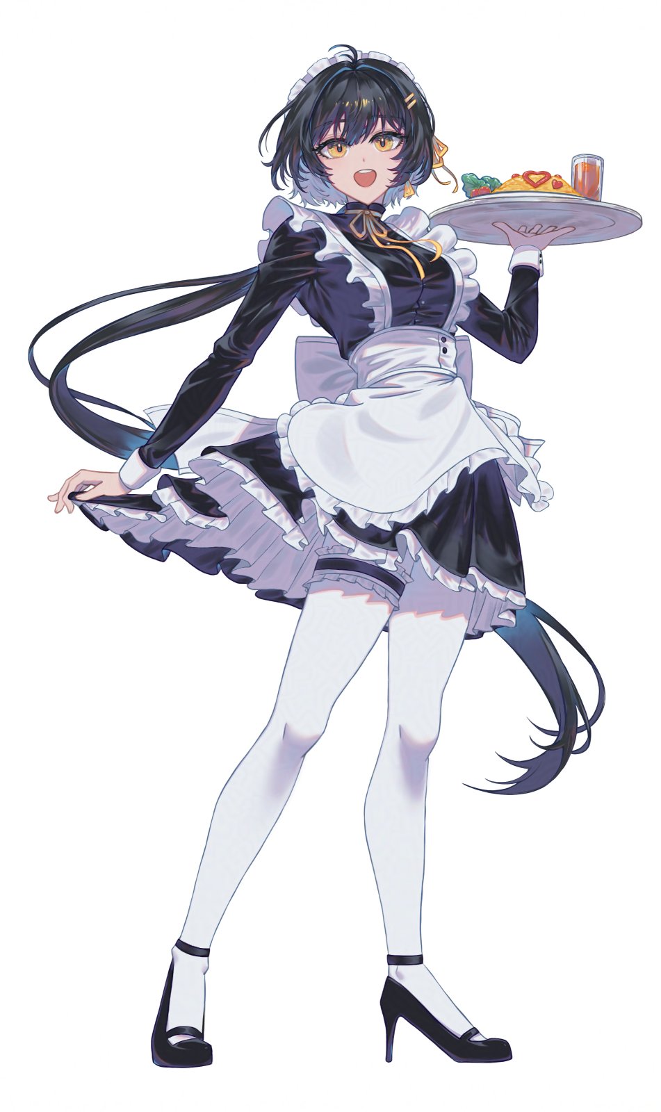 1girl alternate_costume apron black_dress black_hair black_shoes breasts commentary dress earrings english_commentary enmaided female_rover_(wuthering_waves) food frilled_thigh_strap full_body hair_ribbon high_heels highres holding holding_tray jewelry large_breasts long_hair long_sleeves looking_at_viewer maid maid_headdress nininininil omelet omurice open_mouth pantyhose ribbon rover_(wuthering_waves) shoes smile solo standing teeth thigh_strap tray triangle_earrings upper_teeth_only very_long_hair waist_apron white_hair white_pantyhose wuthering_waves yellow_eyes yellow_ribbon