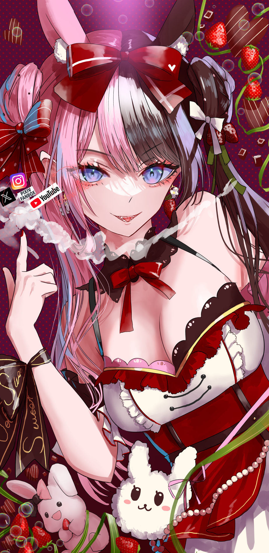 1girl animal_ears blue_eyes blush bow braid breasts brown_nails cleavage corset detached_sleeves dress earrings food-themed_earrings food-themed_hair_ornament food_themed_earrings french_braid frilled_dress frills hair_ornament hair_ribbon highres jewelry long_hair looking_at_viewer medium_breasts multicolored_hair open_mouth pink_bow pink_hair rabbit rabbit_ears red_background red_corset ribbon smile solo split-color_hair strawberry_earrings strawberry_hair_ornament tachibana_hinano_(4th_costume) tachibana_hinano twintails two-tone_hair upper_body virtual_youtuber vspo! white_dress yusuke_(shiota)