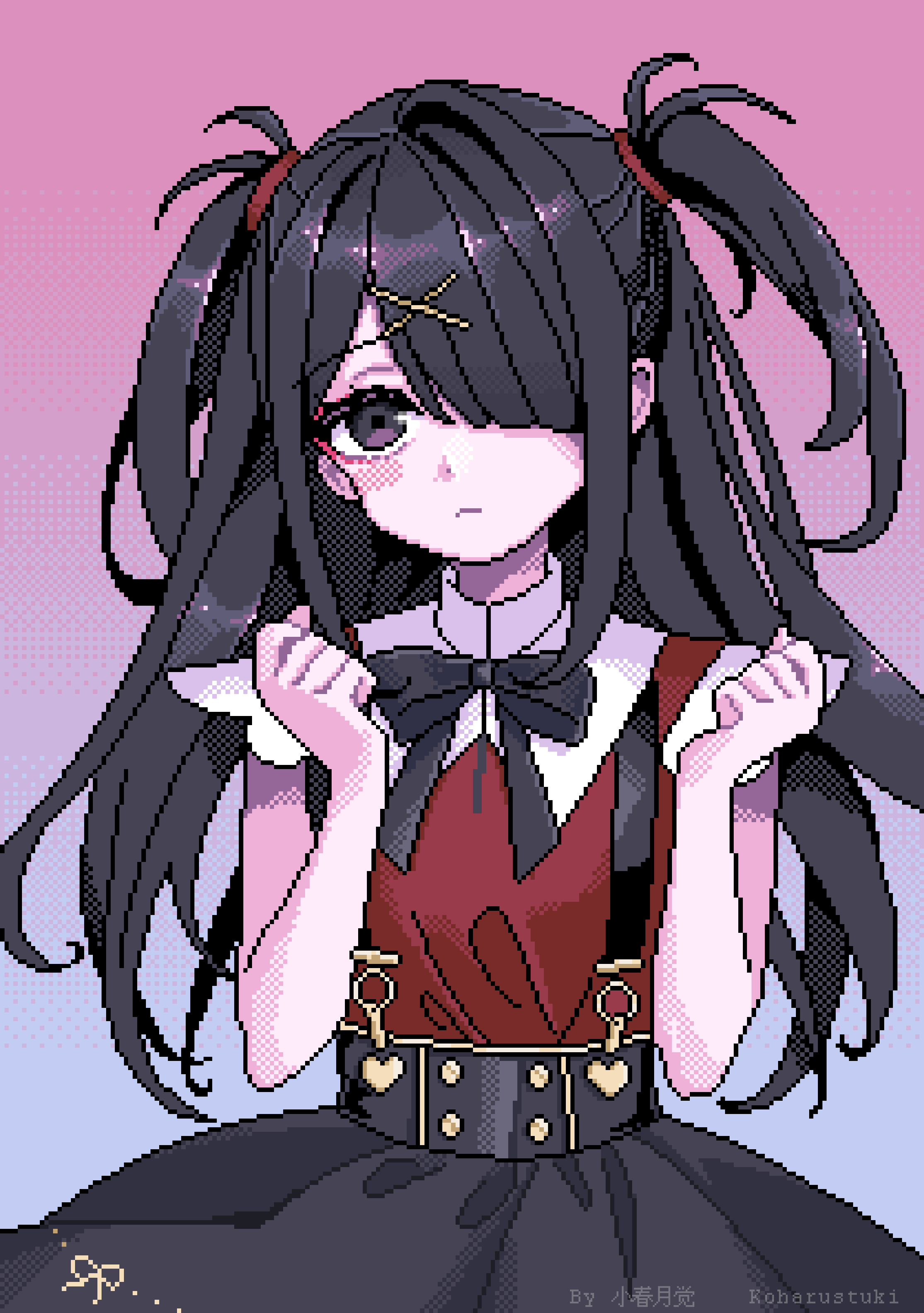 absurdres ame-chan_(needy_girl_overdose) black_eyes black_hair blunt_bangs blush gradient_background hair_ornament hair_over_one_eye hair_tie hands_up highres koharustuki long_hair looking_at_viewer neck_ribbon needy_girl_overdose pixel_art ribbon short_twintails sidelocks skirt suspender_skirt suspenders twintails two-tone_background very_long_hair x_hair_ornament
