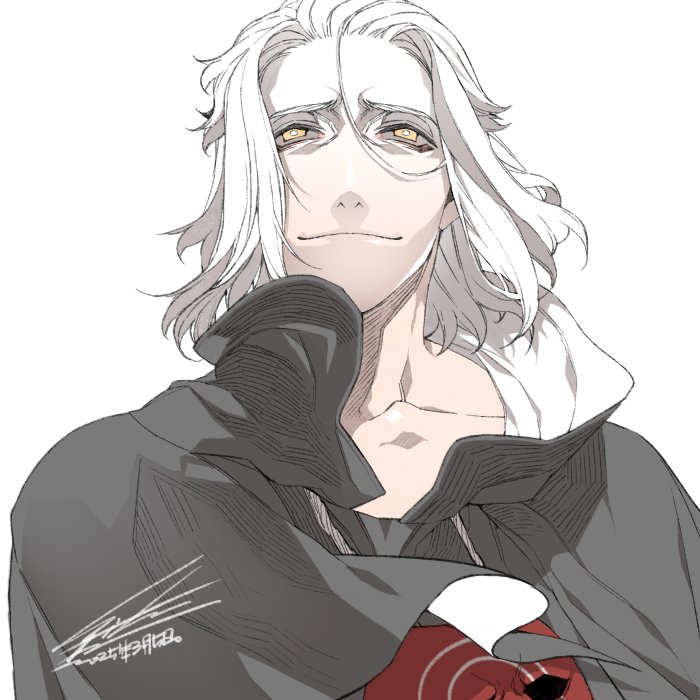 1boy black_robe closed_mouth collarbone emet-selch final_fantasy final_fantasy_xiv furrowed_brow hiryuu_(kugelcruor) looking_up male_focus mask medium_hair orange_eyes parted_bangs red_mask robe sign smile solo sophist&#039;s_robe_(ff14) upper_body white_background white_hair