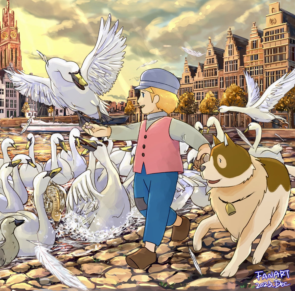 1boy a_dog_of_flanders bell bird bird_feeding blonde_hair blue_eyes blue_pants boat brown_footwear building child city cloud cobblestone dated dog feathers flying grey_hat grey_shirt hat neck_bell nello_(a_dog_of_flanders) outdoors pants petrasche_(a_dog_of_flanders) pink_vest pocco1224 shirt short_hair splashing standing swan tree vest water watercraft white_feathers
