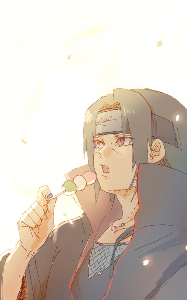 1boy akatsuki_uniform black_hair dango food forehead_protector holding holding_food long_hair male_focus meitarou nail_polish naruto_(series) naruto_shippuuden open_mouth solo uchiha_itachi wagashi