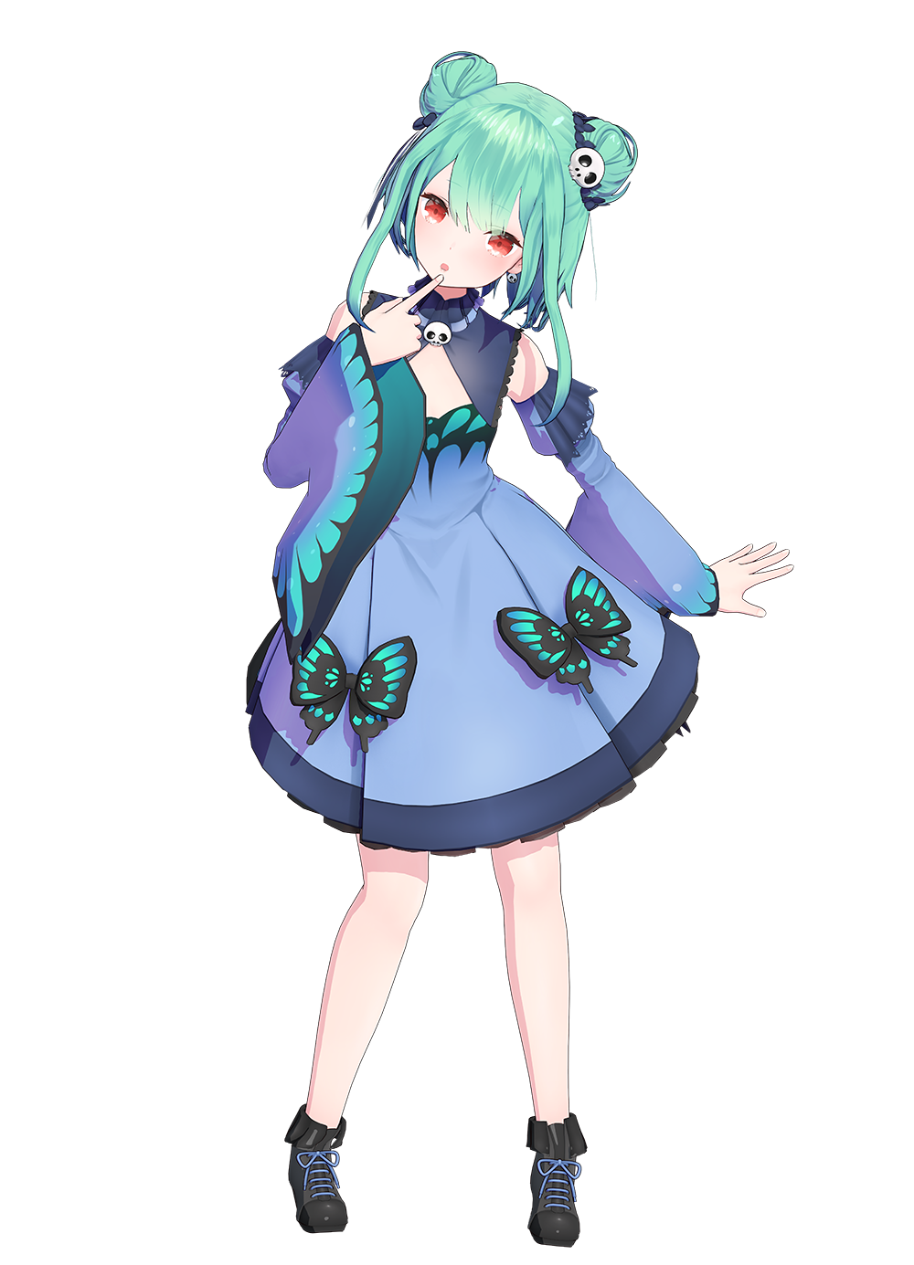 1girl 3d :o animal_print ankle_boots black_boots blue_dress blush boots brooch bug butterfly butterfly_ornament butterfly_print detached_collar detached_sleeves double_bun dress earrings finger_to_mouth flat_chest footwear_ribbon frilled_dress frilled_shirt_collar frills full_body green_butterfly green_hair hair_bun hair_ornament hand_up head_tilt highres hololive insect jewelry long_sleeves looking_ahead medium_dress official_art open_mouth ponpu-chou red_eyes second-party_source short_hair short_hair_with_long_locks sidelocks simple_background skull_brooch skull_earrings skull_hair_ornament skull_ornament solo standing strapless strapless_dress stud_earrings tachi-e transparent_background uruha_rushia uruha_rushia_(1st_costume) virtual_youtuber wide_sleeves yasuyuki_(style)