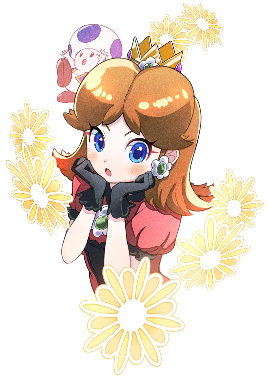 1boy 1girl black_gloves blue_eyes blue_toad_(mario) blush brown_hair dress earrings floral_background flower_earrings gloves hands_on_own_chin highres jewelry long_hair looking_at_viewer mario_(series) nintendo open_mouth ponfu_y princess_daisy red_dress super_smash_bros. toad_(mario) two-tone_dress white_background