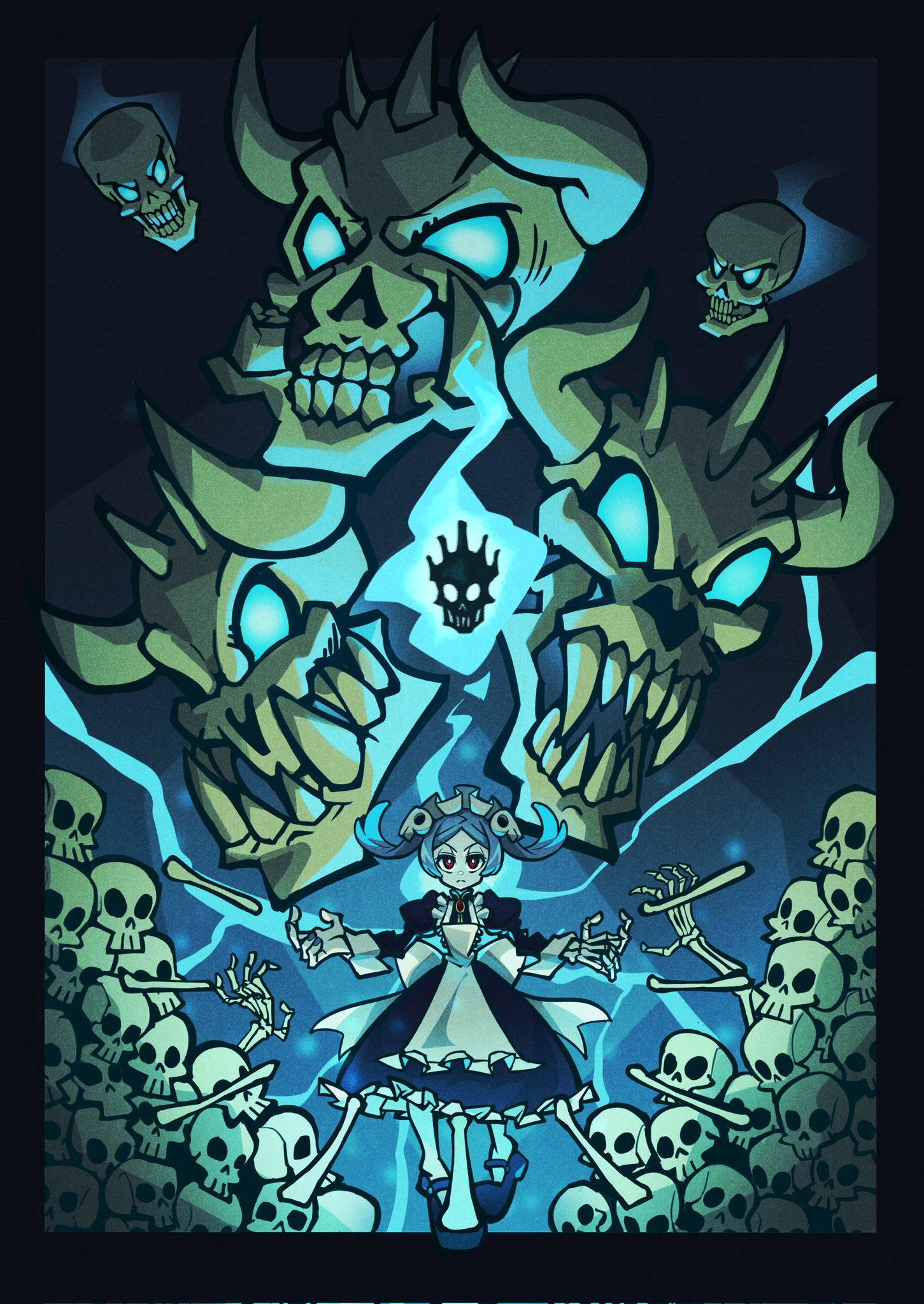 1girl apron black_border bloody_marie_(skullgirls) border dress energy floating frilled_apron frilled_dress frills full_body grey_hair hair_ornament highres maid_headdress onozawa_(buresu21) pantyhose red_eyes skeleton skull_hair_ornament skullgirls solo twintails