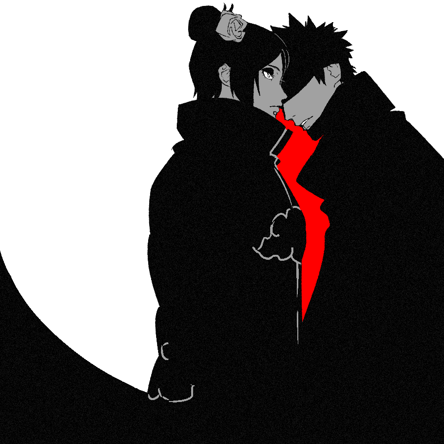 1boy 1girl akatsuki_(naruto) akatsuki_uniform face_piercing flower hair_bun hair_flower hair_ornament high_collar konan_(naruto) labret_piercing naruto_(series) naruto_shippuuden obobkkp parted_lips short_hair uchiha_obito