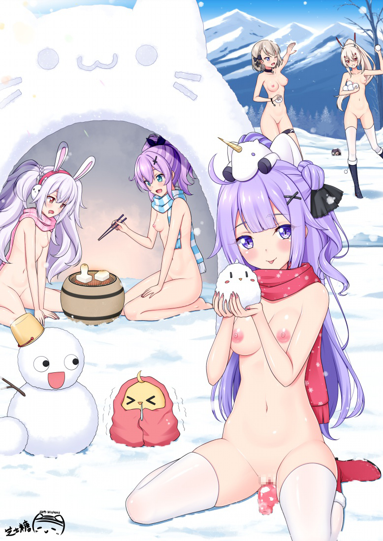 5girls ayanami_(azur_lane) azur_lane barefoot bird blanket breasts censored cervical_prolapse chicken feet hair_ornament headgear igloo javelin_(azur_lane) laffey_(azur_lane) long_hair mosaic_censoring multiple_girls naked_scarf nipples nude open_mouth ppshex prolapse purple_eyes purple_hair scarf sitting snow snow_shelter snowball snowman thigh_strap thighhighs tree unicorn_(azur_lane) wariza z23_(azur_lane)