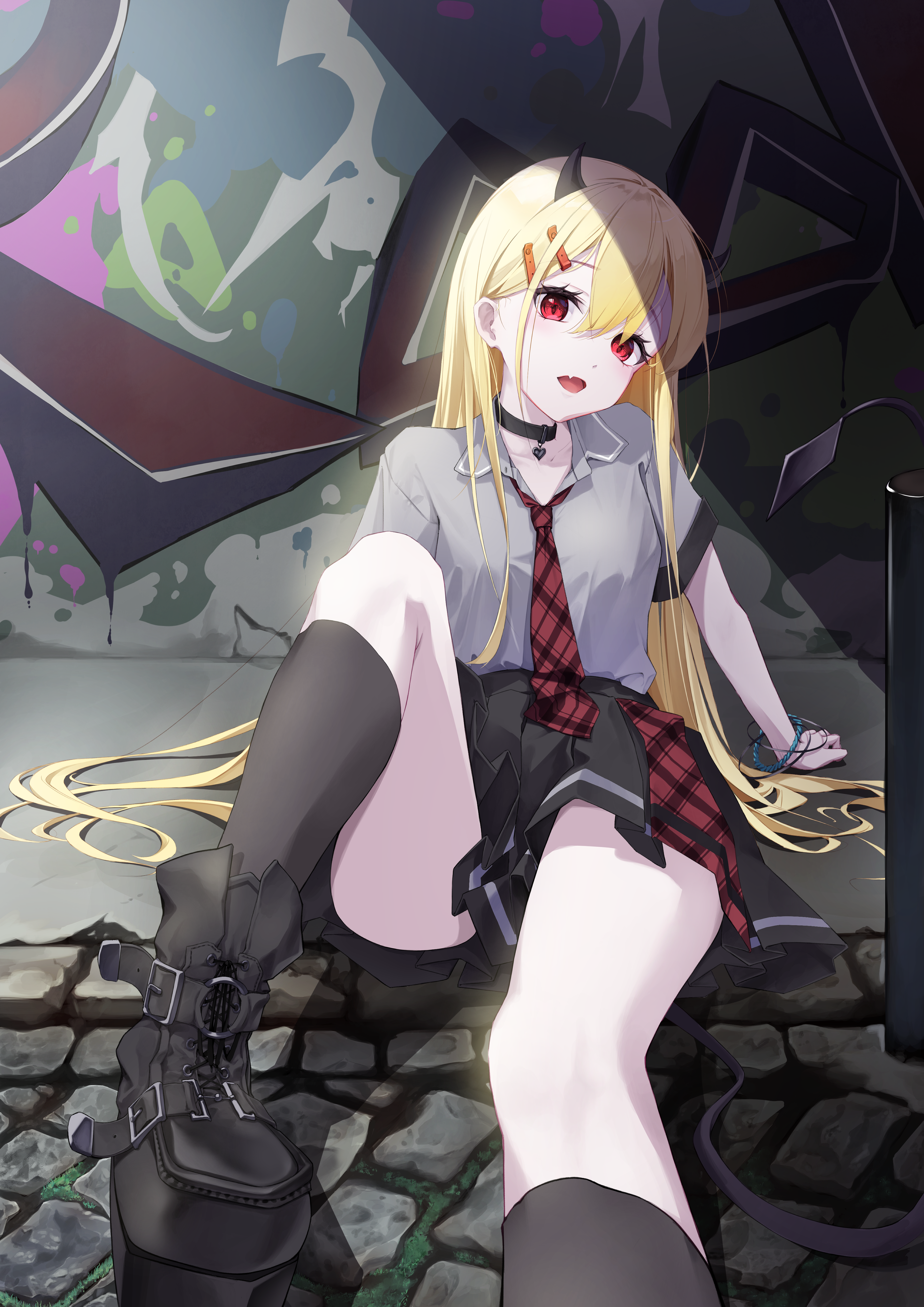 1girl absurdres arm_support black_choker black_skirt black_socks blonde_hair bow bowtie bracelet breasts choker collared_shirt demon demon_girl fang graffiti grey_shirt hair_between_eyes hair_ornament hairclip highres horns jewelry knee_up long_hair looking_at_viewer open_mouth original outdoors plaid_bow plaid_bowtie plaid_clothes plaid_skirt pleated_skirt red_bow red_bowtie red_eyes shirt sitting skirt small_breasts socks solo to9643