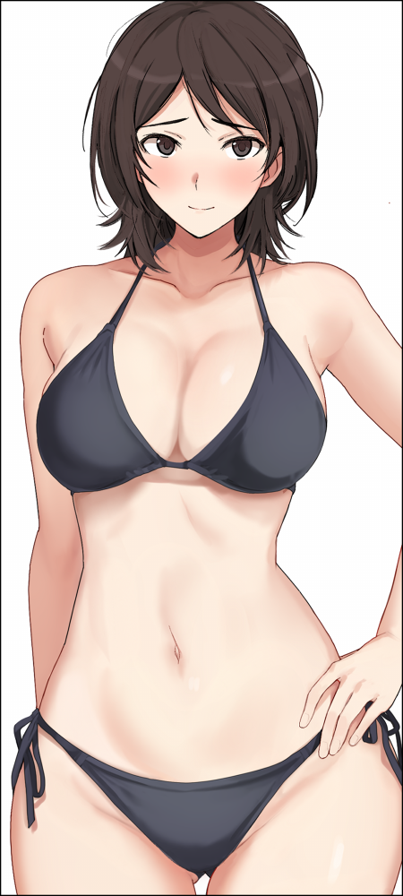 1girl amagami bikini black_bikini blush breasts brown_eyes brown_hair cleavage closed_mouth collarbone cowboy_shot gluteal_fold hand_on_own_hip large_breasts looking_at_viewer mobu navel short_hair side-tie_bikini_bottom simple_background smile solo swimsuit takahashi_maya thigh_gap white_background