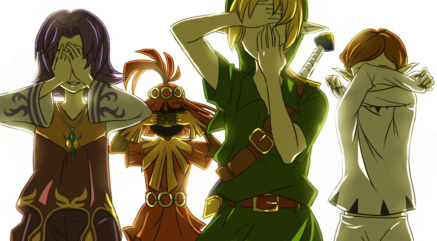 4boys backlighting covering_privates covering_face kafei link male_focus moon_children multiple_boys nintendo otton pointy_ears skull_kid the_legend_of_zelda the_legend_of_zelda:_majora&#039;s_mask white_background young_link aged_down