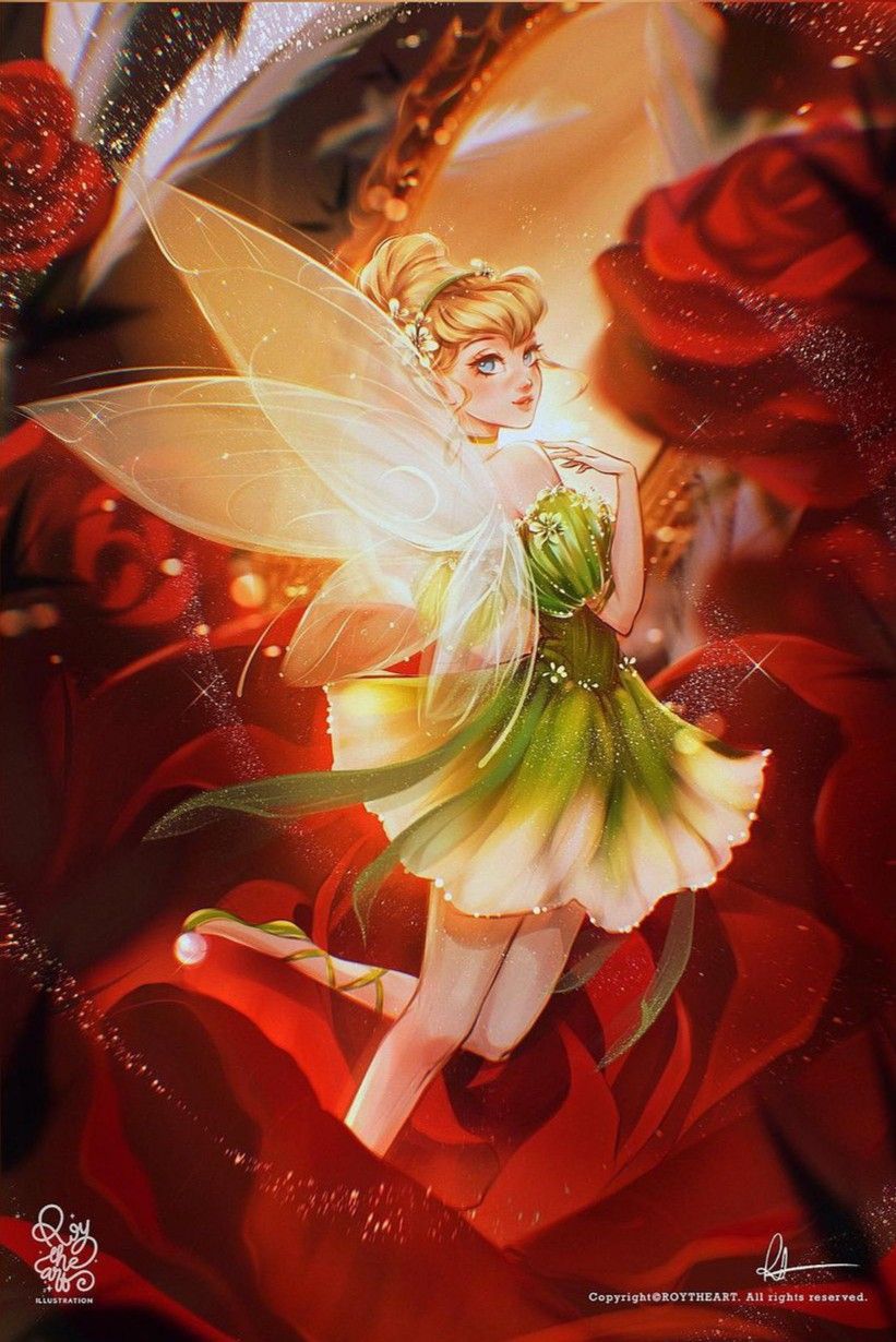 1girl alternate_costume alternate_hairstyle blonde_hair blue_eyes disney disney_fairies_(film_series) dress fairy fairy_wings floating flower flower_dress full_body green_dress green_ribbon hair_bun hair_flower hair_ornament hand_on_own_chest headband highres mini_person minigirl off-shoulder_dress off_shoulder petal_skirt pom_pom_(clothes) puffy_short_sleeves puffy_sleeves red_flower ribbon rose roytheart short_sleeves single_hair_bun solo sparkle tinker_bell_(disney) updo wings yellow_dress